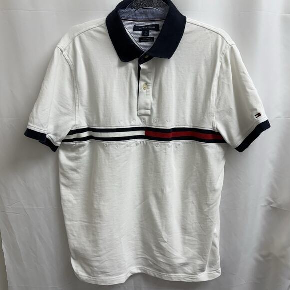 Tommy Hilfiger Polo Shirt Mens Medium White Blue Red Stripe Custom Fit - Picture 1 of 7